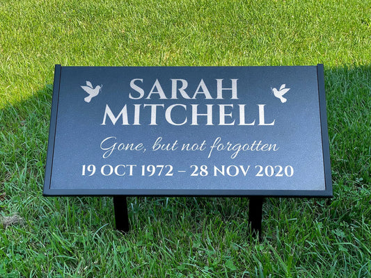 Personalized Black Granite Headstone, Tombstone – 12x6 & 24x12 Memorial Grave Marker with Metal Stand, Graveyard sign