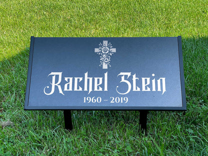 Personalized Black Granite Headstone, Tombstone – 12x6 & 24x12 Memorial Grave Marker with Metal Stand, Graveyard sign