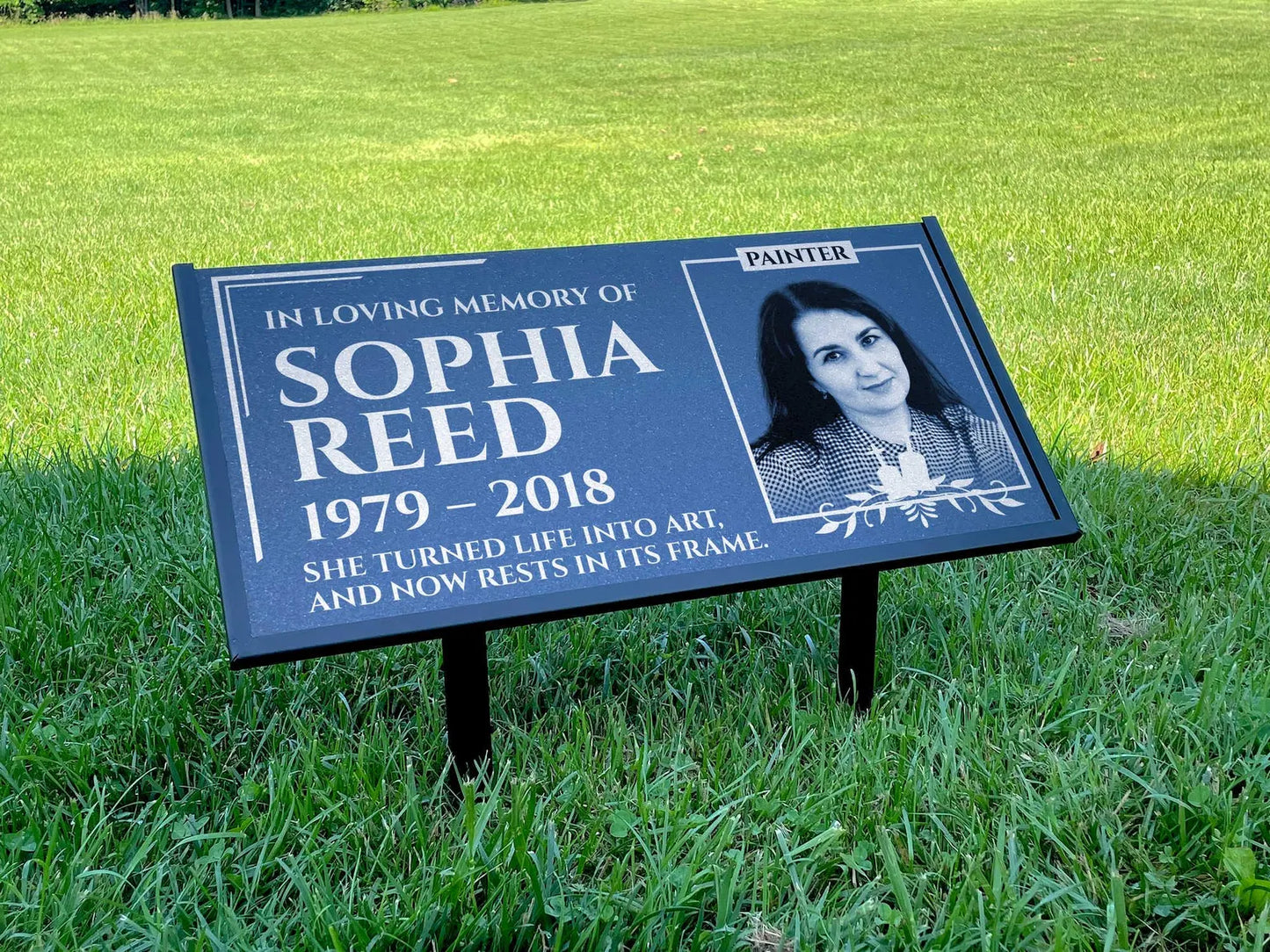 Personalized Black Granite Headstone, Tombstone with Photo 24x12 Memorial Grave Marker with Metal Stand, Graveyard sign