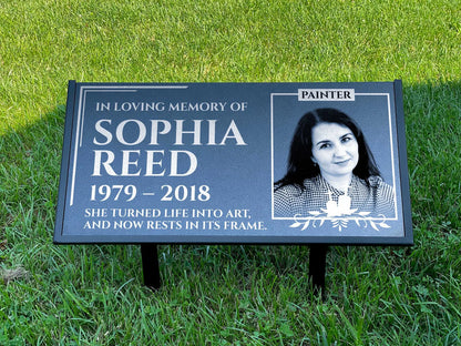 Personalized Black Granite Headstone, Tombstone with Photo 24x12 Memorial Grave Marker with Metal Stand, Graveyard sign