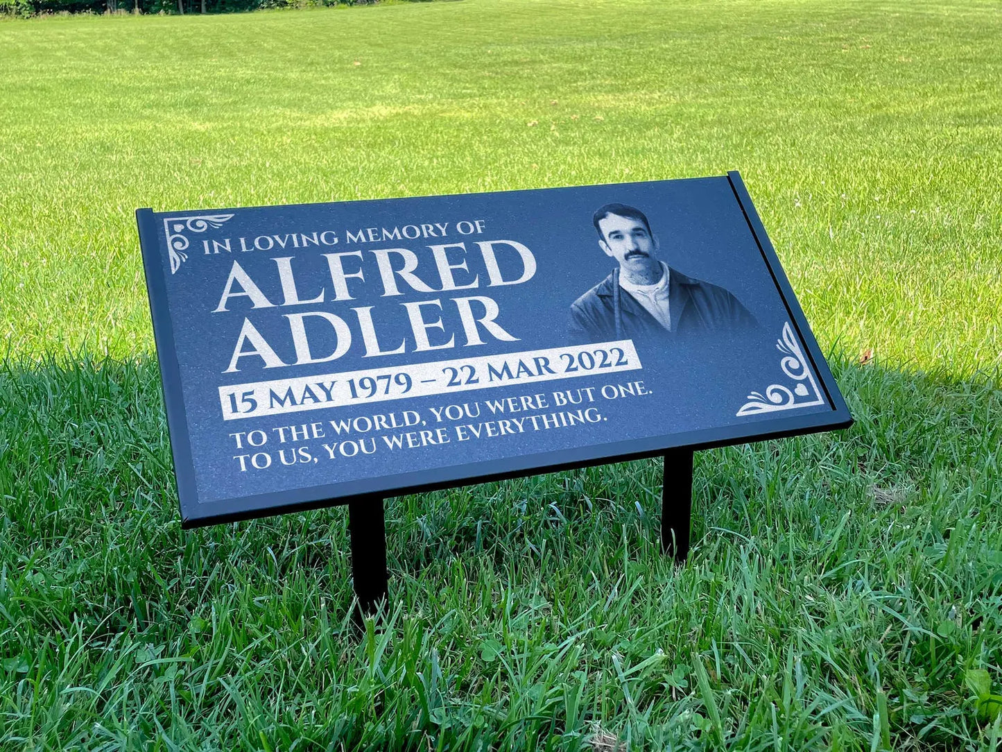 Personalized Black Granite Headstone, Tombstone with Photo 24x12 Memorial Grave Marker with Metal Stand, Graveyard sign