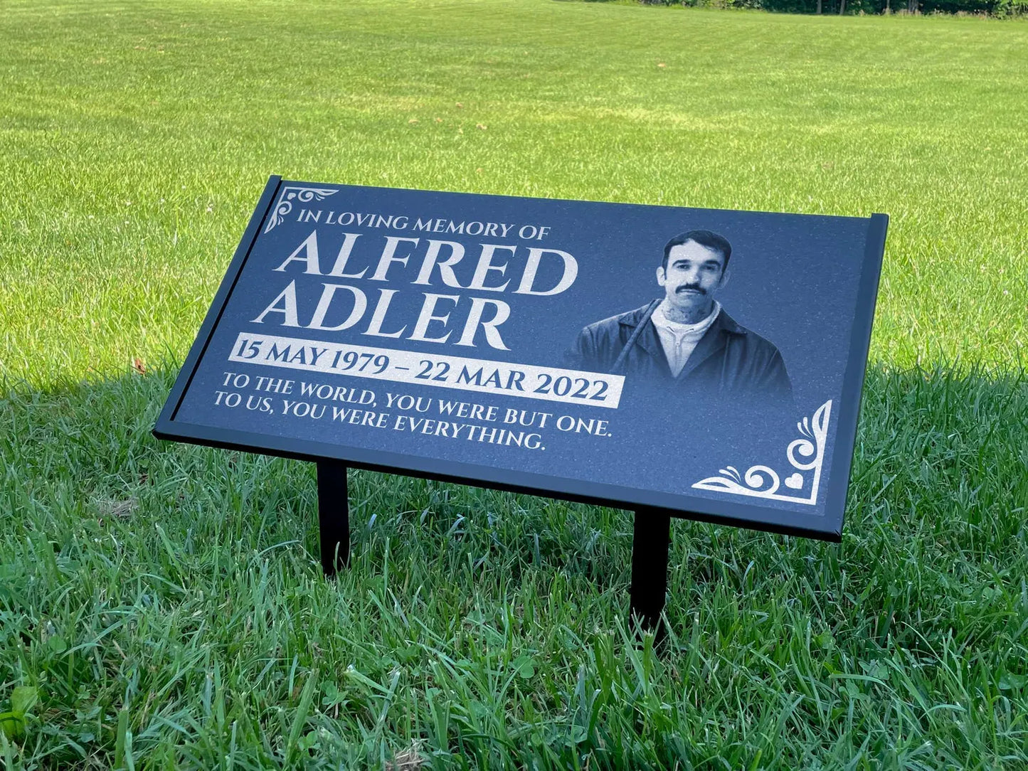 Personalized Black Granite Headstone, Tombstone with Photo 24x12 Memorial Grave Marker with Metal Stand, Graveyard sign