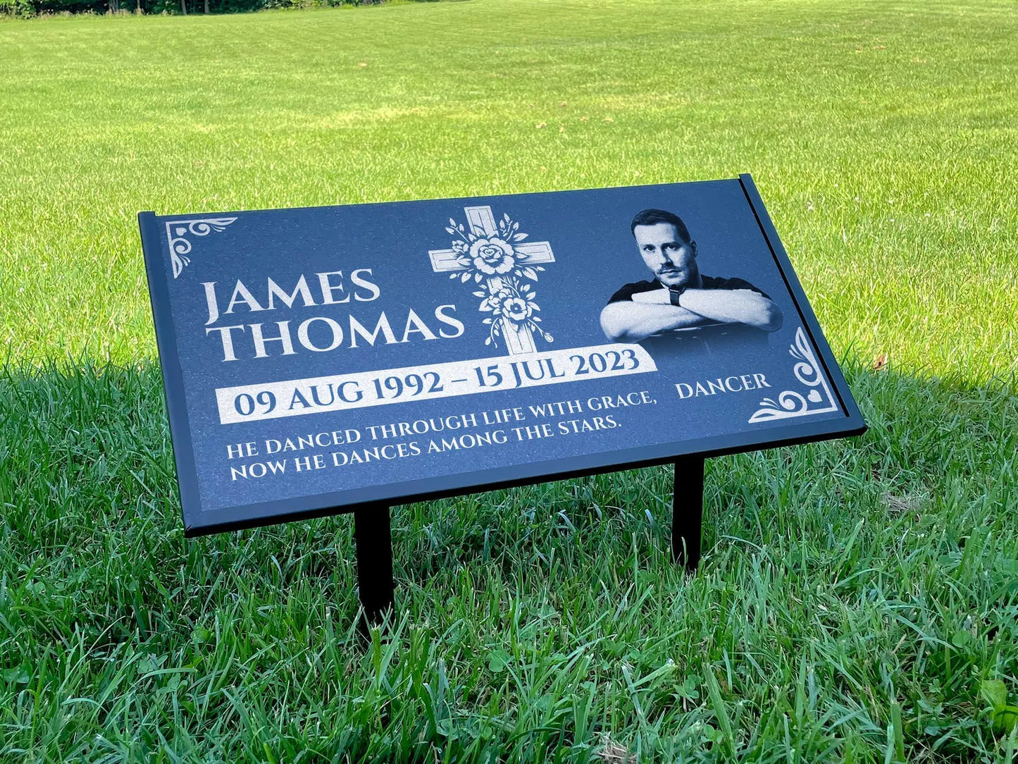 Personalized Black Granite Headstone, Tombstone with Photo 24x12 Memorial Grave Marker with Metal Stand, Graveyard sign