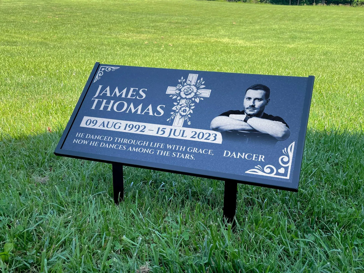 Personalized Black Granite Headstone, Tombstone with Photo 24x12 Memorial Grave Marker with Metal Stand, Graveyard sign