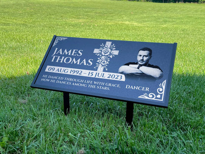 Personalized Black Granite Headstone, Tombstone with Photo 24x12 Memorial Grave Marker with Metal Stand, Graveyard sign