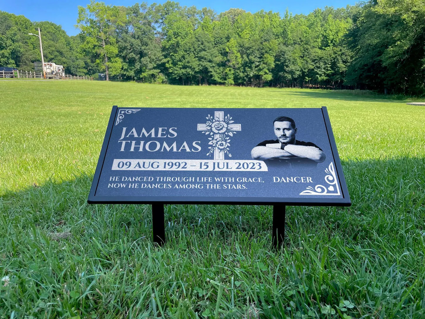 Personalized Black Granite Headstone, Tombstone with Photo 24x12 Memorial Grave Marker with Metal Stand, Graveyard sign
