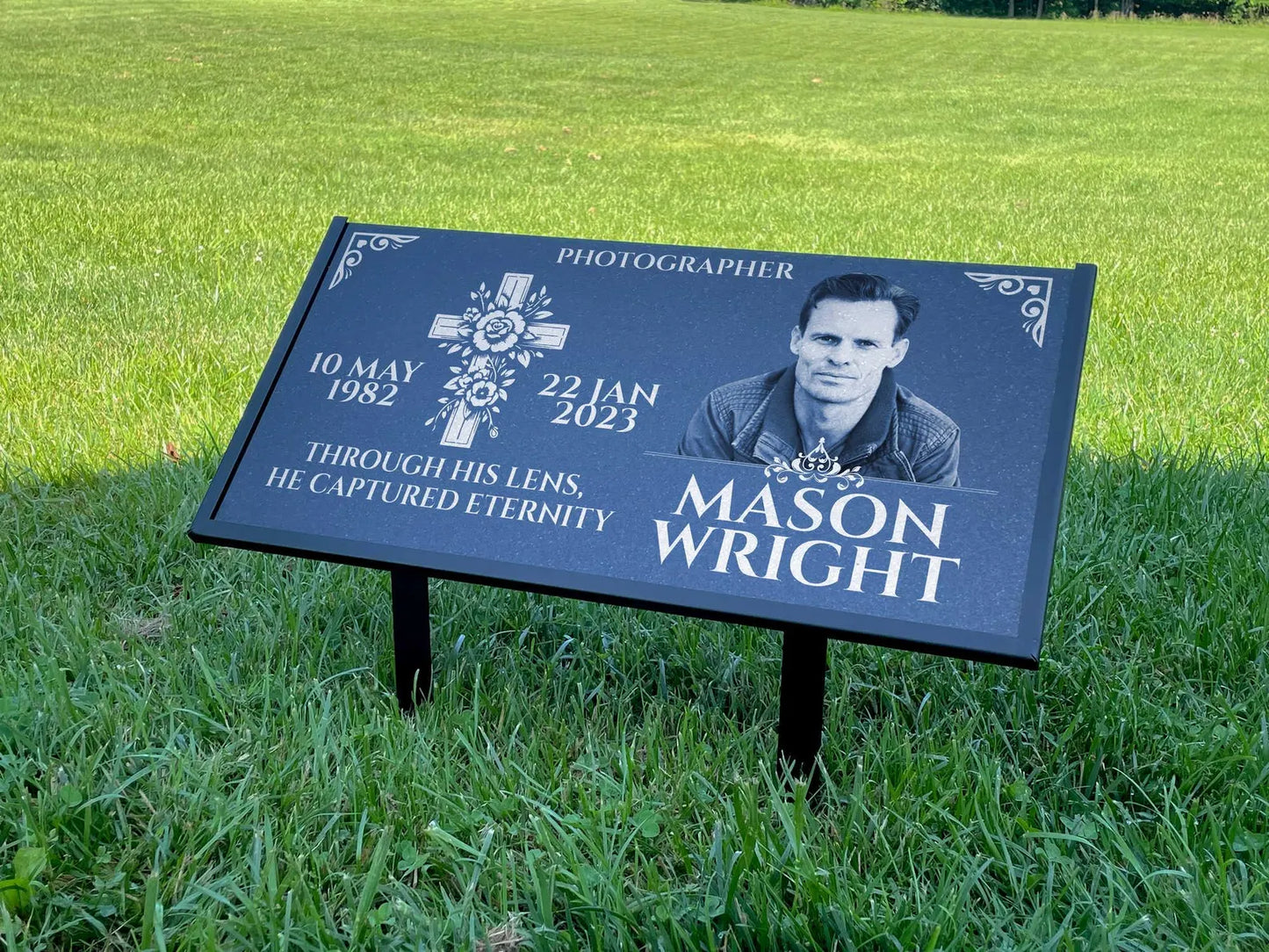 Personalized Black Granite Headstone, Tombstone with Photo 24x12 Memorial Grave Marker with Metal Stand, Graveyard sign