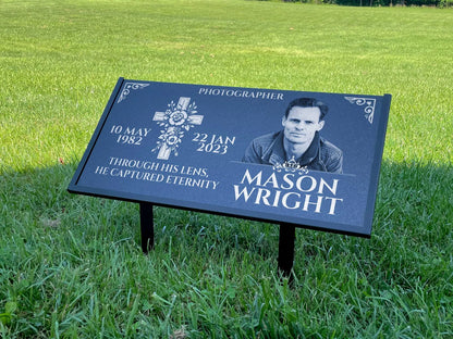 Personalized Black Granite Headstone, Tombstone with Photo 24x12 Memorial Grave Marker with Metal Stand, Graveyard sign