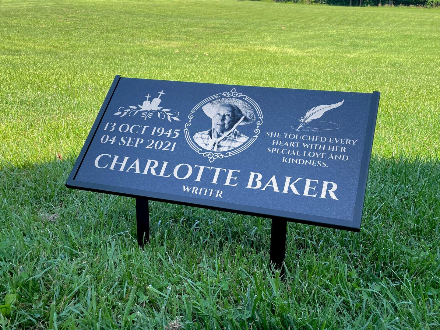 Personalized Black Granite Headstone, Tombstone with Photo 24x12 Memorial Grave Marker with Metal Stand, Graveyard sign
