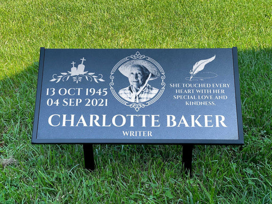 Personalized Black Granite Headstone, Tombstone with Photo 24x12 Memorial Grave Marker with Metal Stand, Graveyard sign