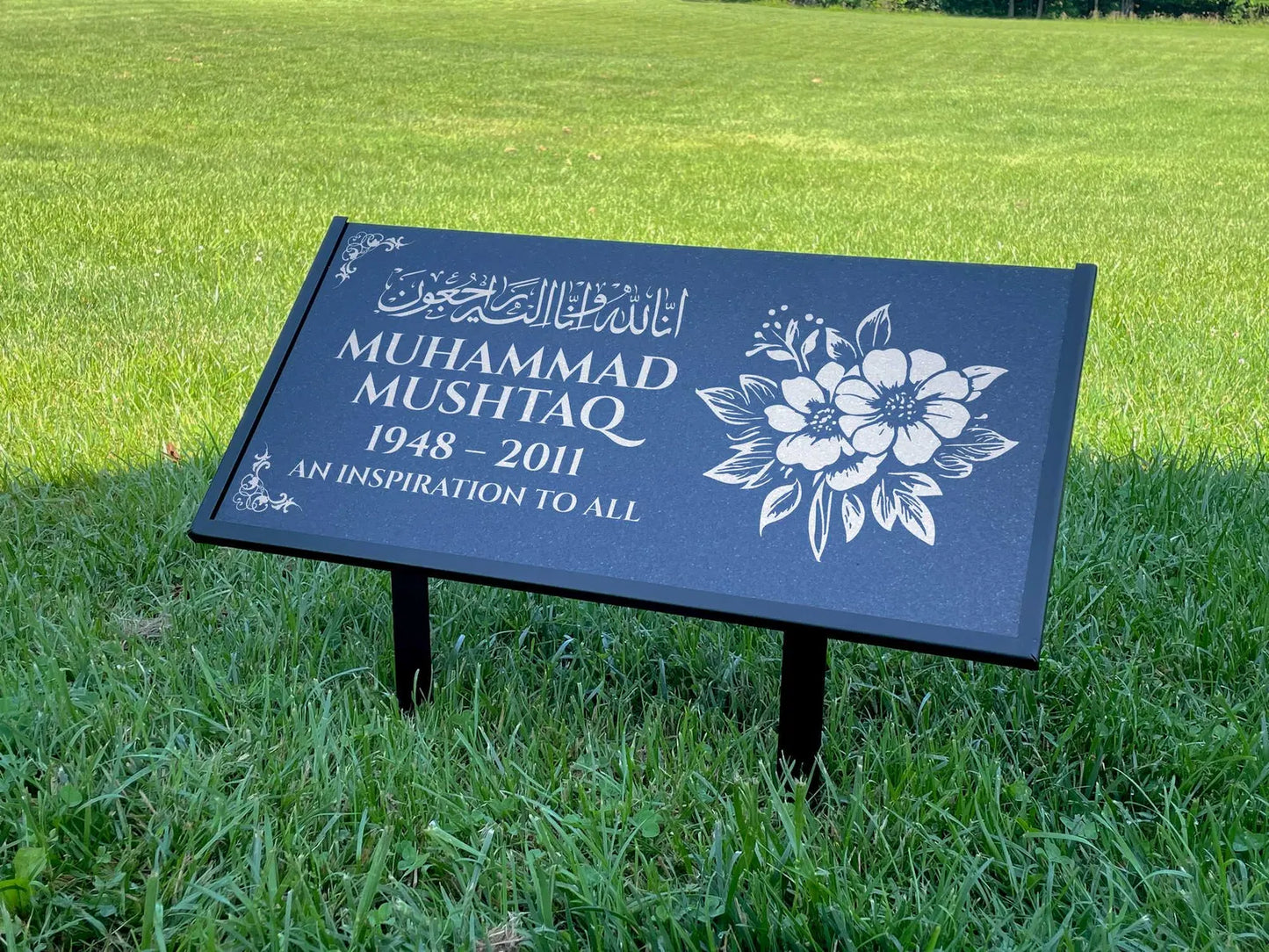 Islamic Black Granite Headstone – Personalized 12x6 & 24x12 Muslim Memorial Grave Marker with Metal Stand