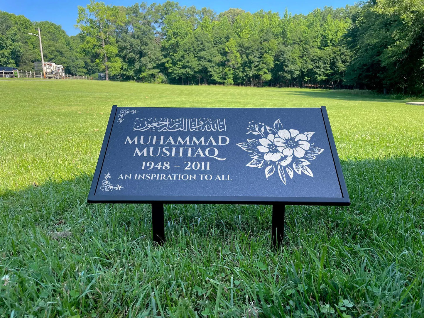 Islamic Black Granite Headstone – Personalized 12x6 & 24x12 Muslim Memorial Grave Marker with Metal Stand