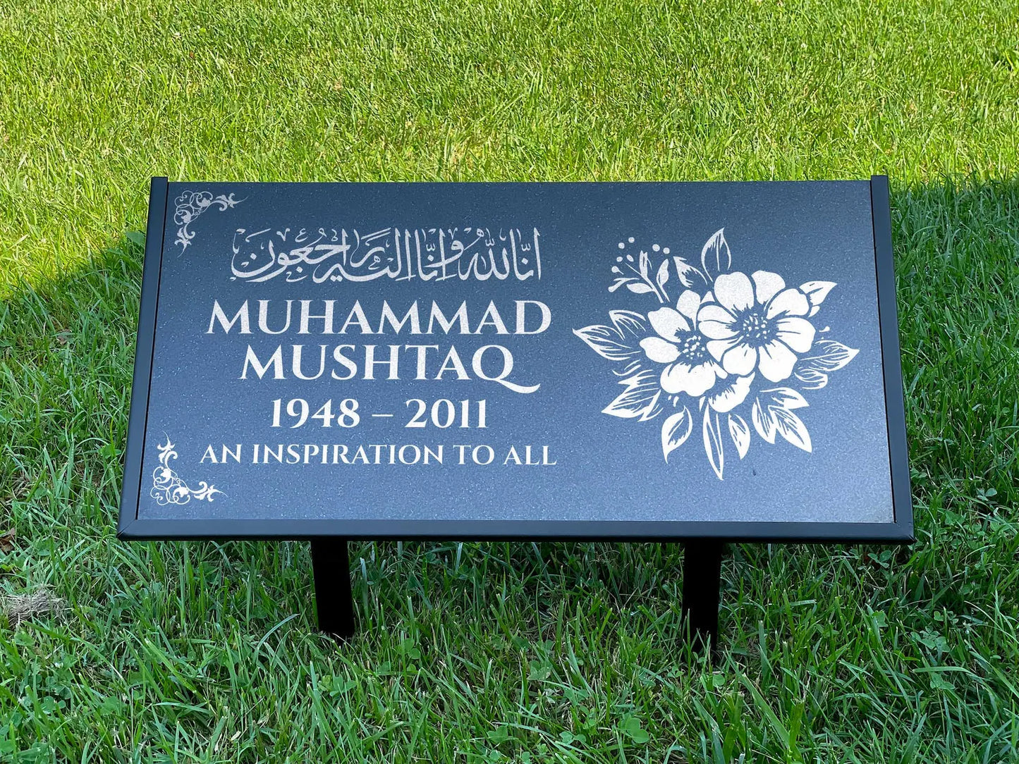 Islamic Black Granite Headstone – Personalized 12x6 & 24x12 Muslim Memorial Grave Marker with Metal Stand