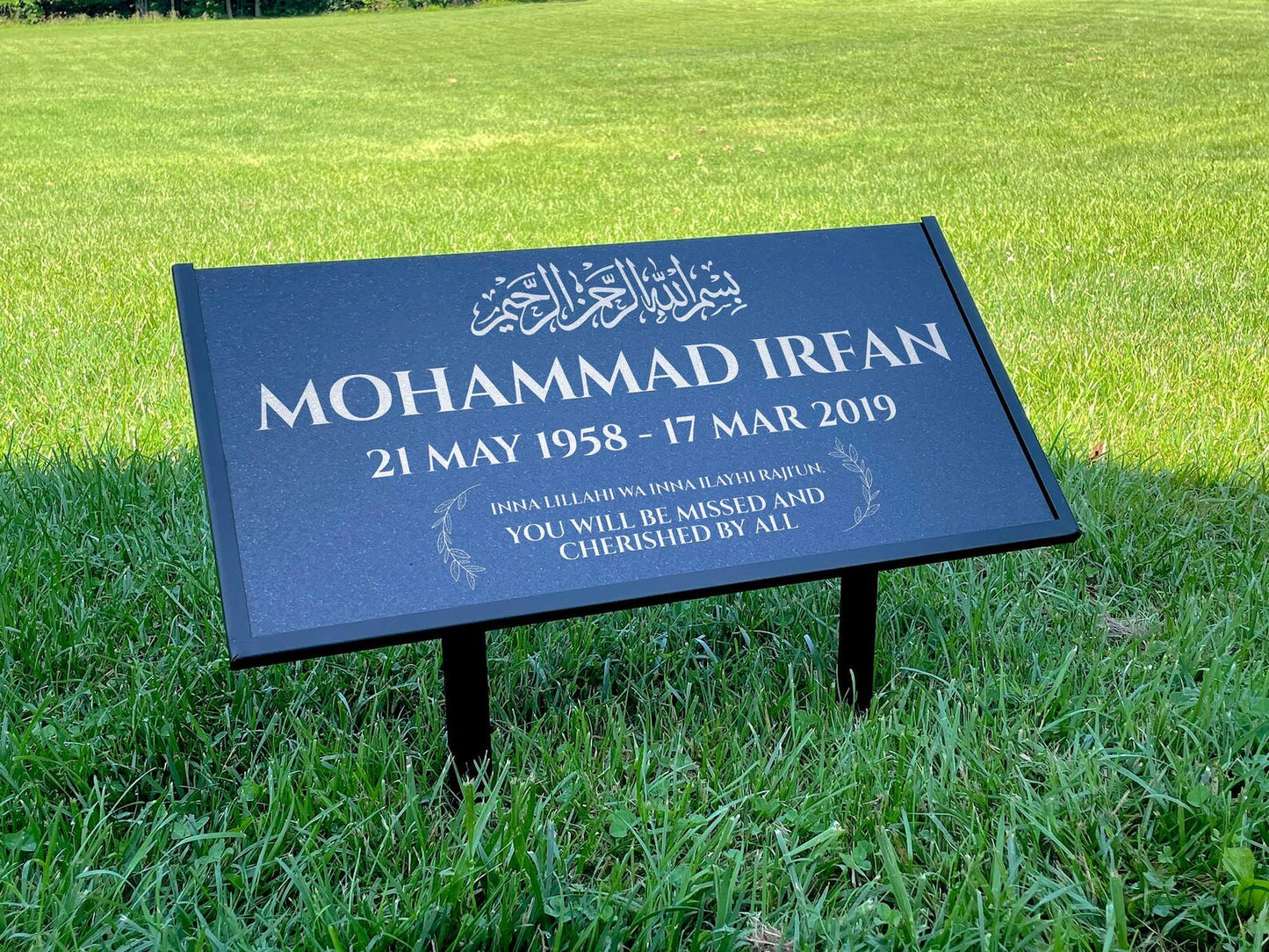 Islamic Black Granite Headstone – Personalized 12x6 & 24x12 Muslim Memorial Grave Marker with Metal Stand