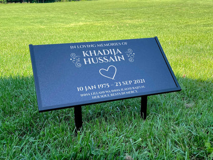 Islamic Black Granite Headstone – Personalized 12x6 & 24x12 Muslim Memorial Grave Marker with Metal Stand