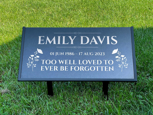 Personalized Black Granite Headstone, Tombstone – 12x6 & 24x12 Memorial Grave Marker with Metal Stand, Graveyard sign