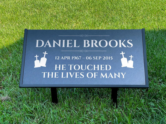 Personalized Black Granite Headstone, Tombstone – 12x6 & 24x12 Memorial Grave Marker with Metal Stand, Graveyard sign