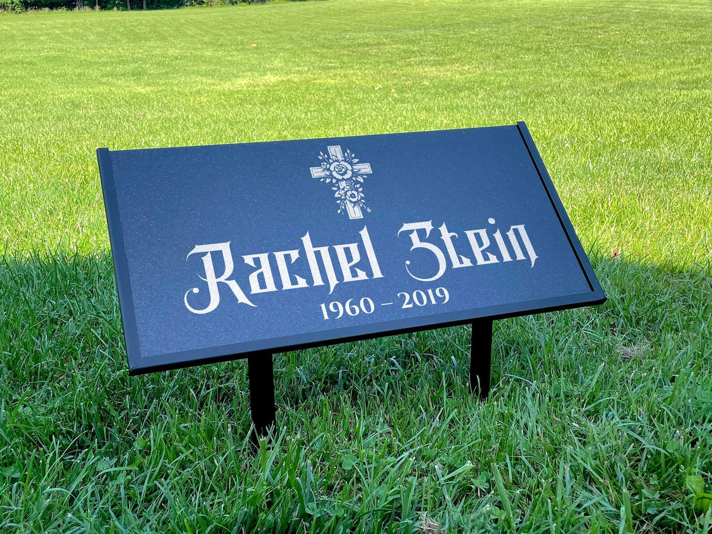 Personalized Black Granite Headstone, Tombstone – 12x6 & 24x12 Memorial Grave Marker with Metal Stand, Graveyard sign