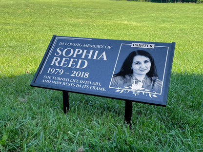 Personalized Black Granite Headstone, Tombstone with Photo 24x12 Memorial Grave Marker with Metal Stand, Graveyard sign