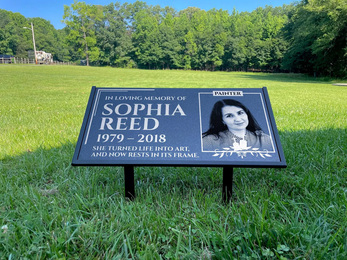 Personalized Black Granite Headstone, Tombstone with Photo 24x12 Memorial Grave Marker with Metal Stand, Graveyard sign