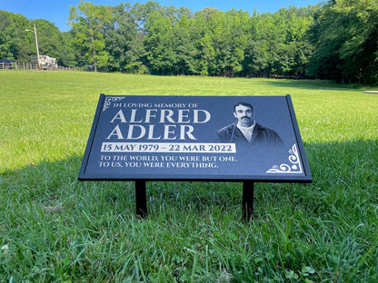 Personalized Black Granite Headstone, Tombstone with Photo 24x12 Memorial Grave Marker with Metal Stand, Graveyard sign