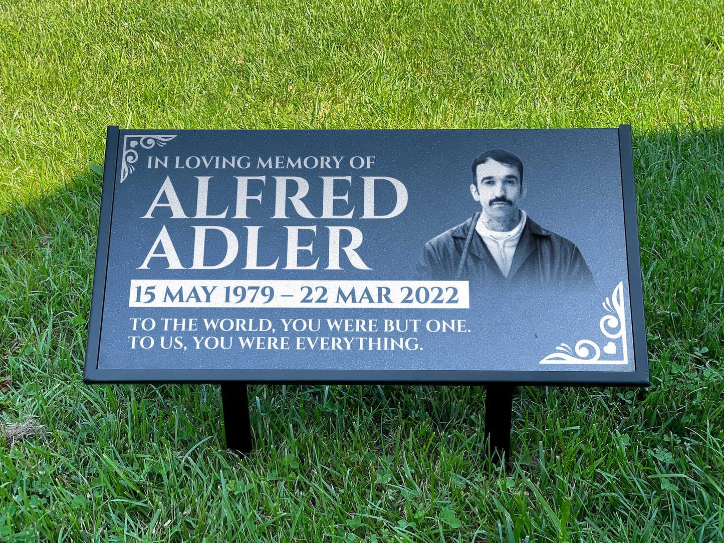 Personalized Black Granite Headstone, Tombstone with Photo 24x12 Memorial Grave Marker with Metal Stand, Graveyard sign