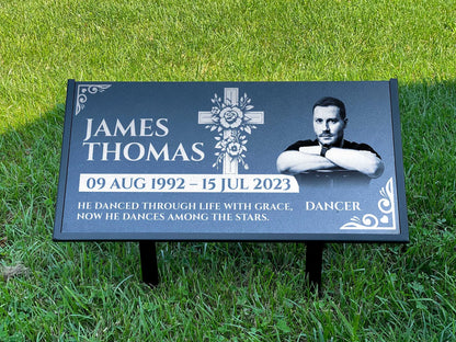 Personalized Black Granite Headstone, Tombstone with Photo 24x12 Memorial Grave Marker with Metal Stand, Graveyard sign