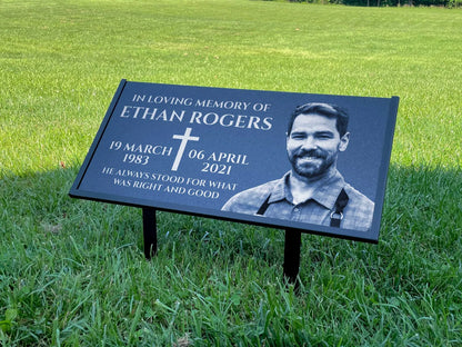 Personalized Black Granite Headstone, Tombstone with Photo 24x12 Memorial Grave Marker with Metal Stand, Graveyard sign