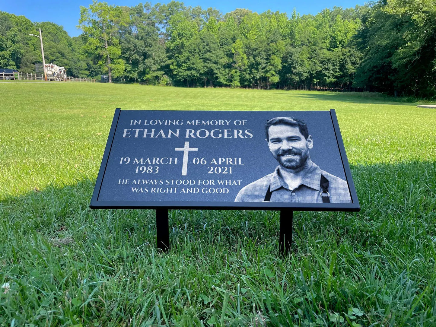 Personalized Black Granite Headstone, Tombstone with Photo 24x12 Memorial Grave Marker with Metal Stand, Graveyard sign