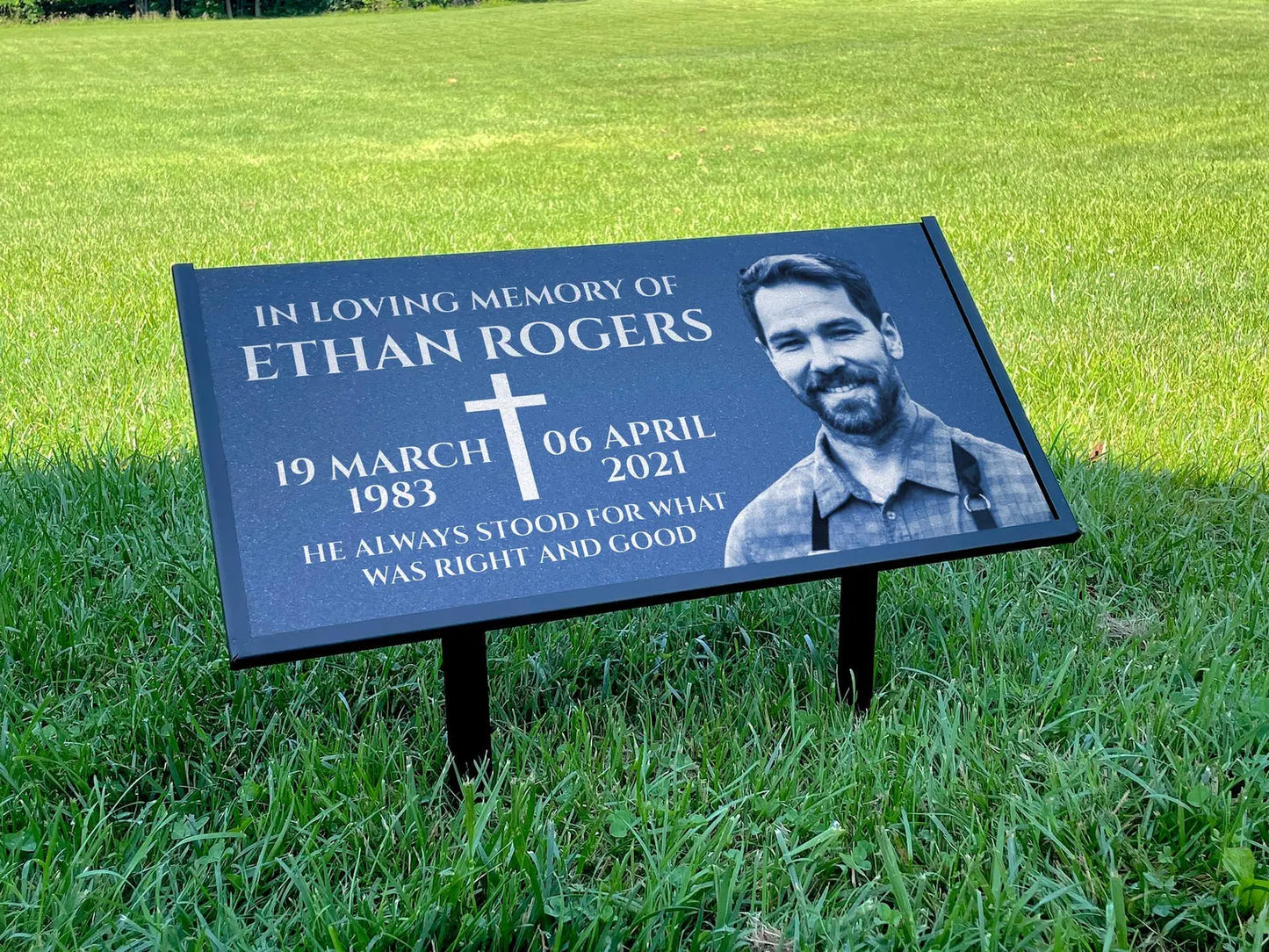 Personalized Black Granite Headstone, Tombstone with Photo 24x12 Memorial Grave Marker with Metal Stand, Graveyard sign