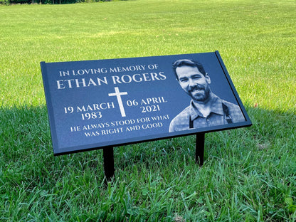 Personalized Black Granite Headstone, Tombstone with Photo 24x12 Memorial Grave Marker with Metal Stand, Graveyard sign