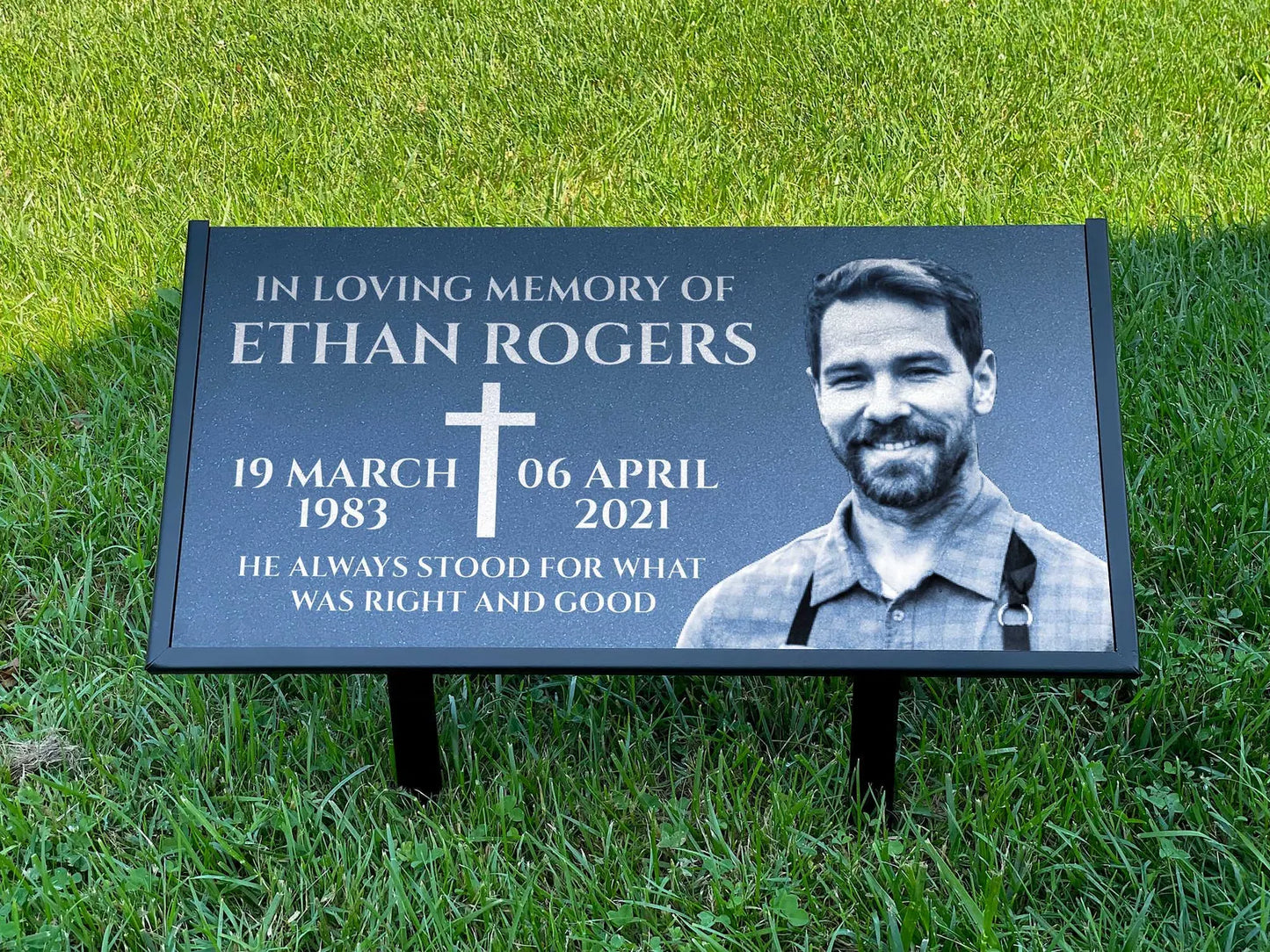 Personalized Black Granite Headstone, Tombstone with Photo 24x12 Memorial Grave Marker with Metal Stand, Graveyard sign