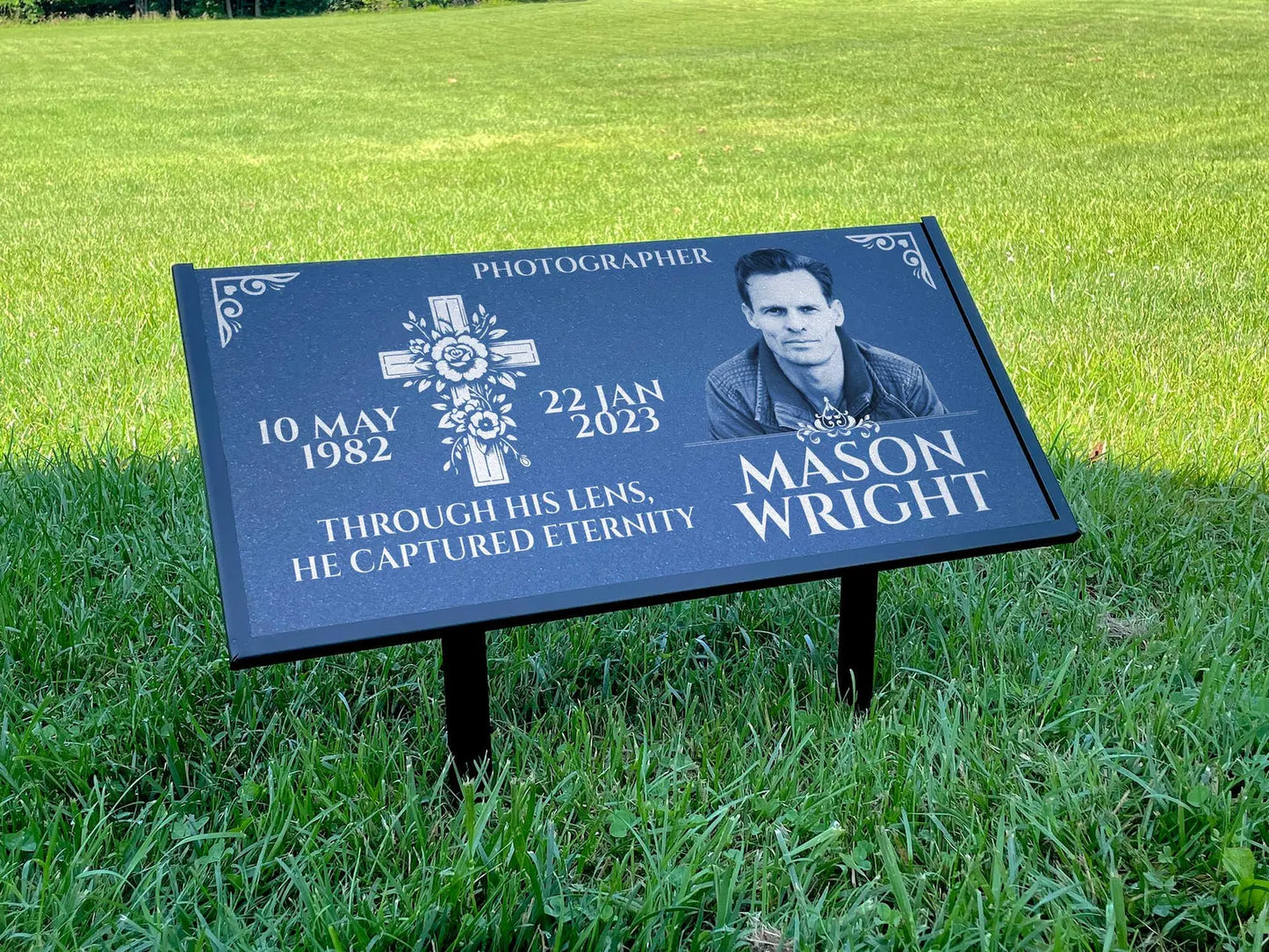 Personalized Black Granite Headstone, Tombstone with Photo 24x12 Memorial Grave Marker with Metal Stand, Graveyard sign