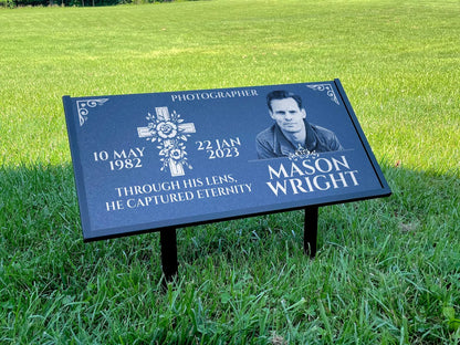 Personalized Black Granite Headstone, Tombstone with Photo 24x12 Memorial Grave Marker with Metal Stand, Graveyard sign