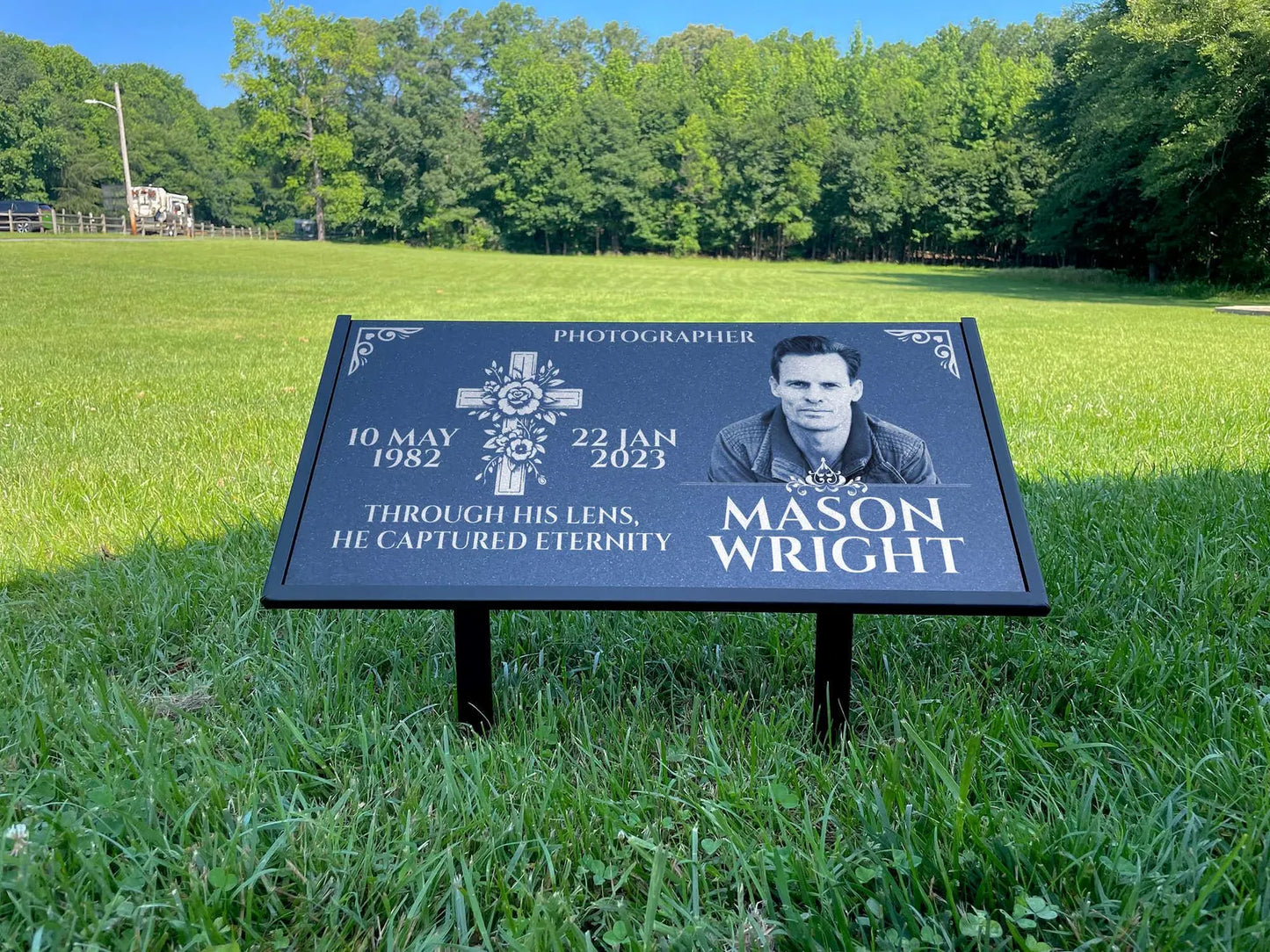 Personalized Black Granite Headstone, Tombstone with Photo 24x12 Memorial Grave Marker with Metal Stand, Graveyard sign