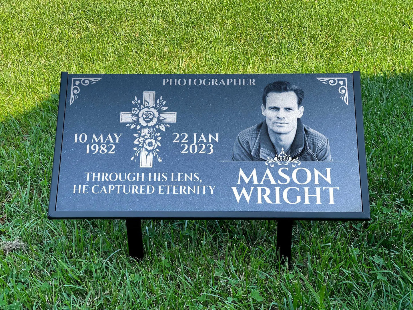 Personalized Black Granite Headstone, Tombstone with Photo 24x12 Memorial Grave Marker with Metal Stand, Graveyard sign