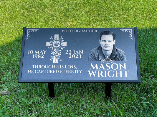 Personalized Black Granite Headstone, Tombstone with Photo 24x12 Memorial Grave Marker with Metal Stand, Graveyard sign