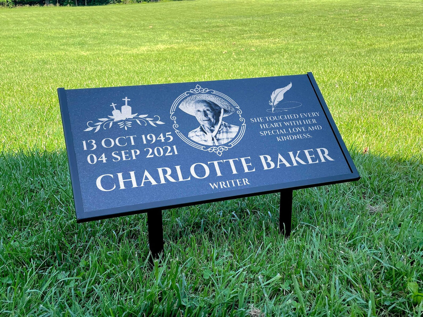 Personalized Black Granite Headstone, Tombstone with Photo 24x12 Memorial Grave Marker with Metal Stand, Graveyard sign