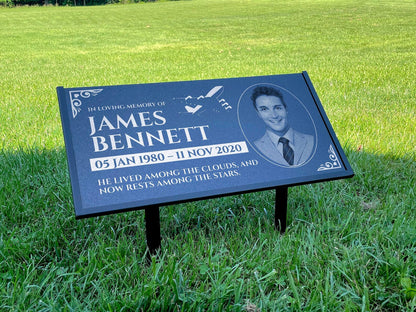 Personalized Black Granite Headstone, Tombstone with Photo 24x12 Memorial Grave Marker with Metal Stand, Graveyard sign