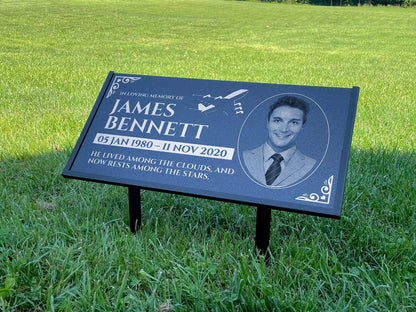 Personalized Black Granite Headstone, Tombstone with Photo 24x12 Memorial Grave Marker with Metal Stand, Graveyard sign