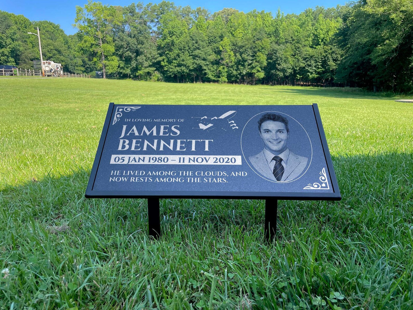 Personalized Black Granite Headstone, Tombstone with Photo 24x12 Memorial Grave Marker with Metal Stand, Graveyard sign