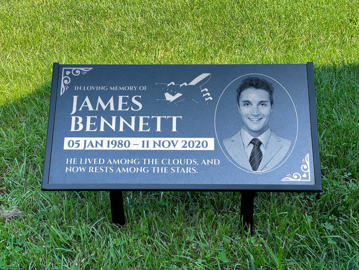 Personalized Black Granite Headstone, Tombstone with Photo 24x12 Memorial Grave Marker with Metal Stand, Graveyard sign
