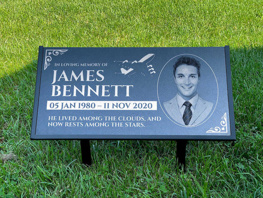 Personalized Black Granite Headstone, Tombstone with Photo 24x12 Memorial Grave Marker with Metal Stand, Graveyard sign