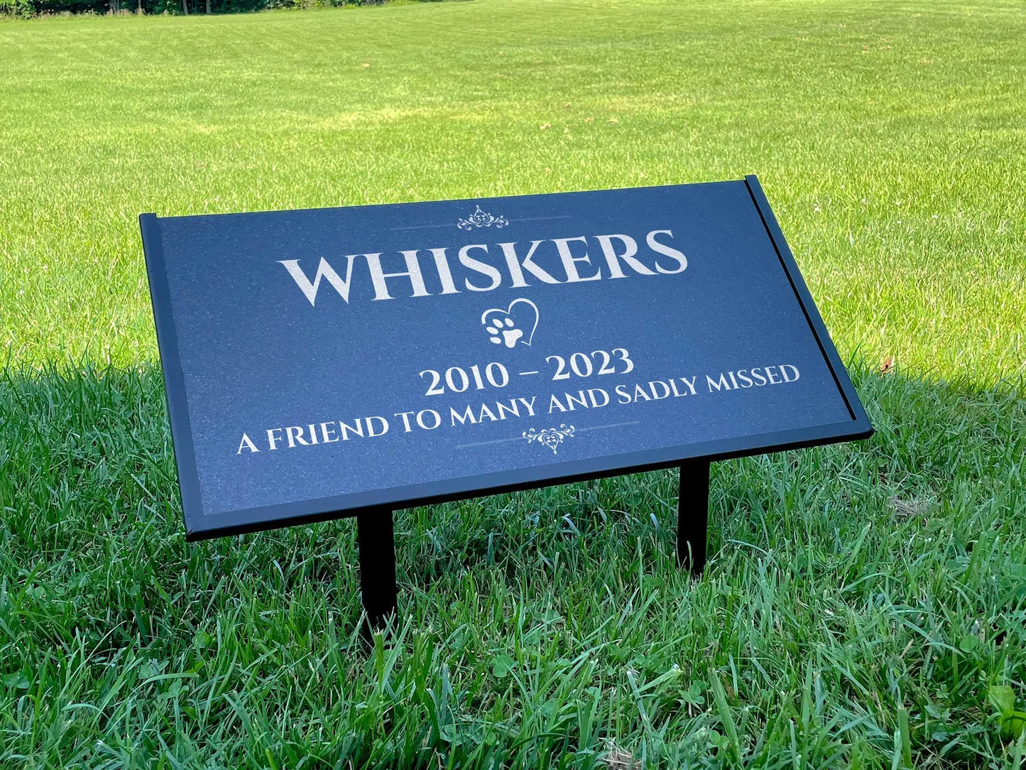 Custom Pet Memorial Stone – Black Granite Grave Marker for Dogs and Cats, 12x6 and 24x12 with Metal Stand