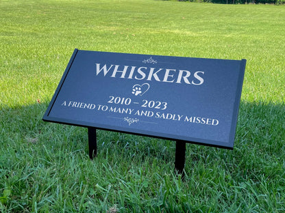 Custom Pet Memorial Stone – Black Granite Grave Marker for Dogs and Cats, 12x6 and 24x12 with Metal Stand