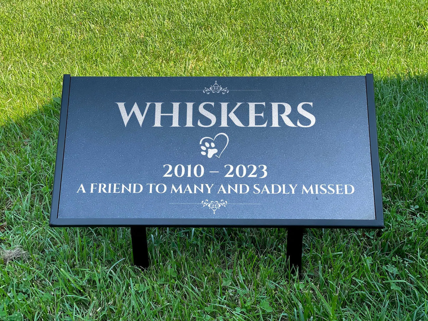 Custom Pet Memorial Stone – Black Granite Grave Marker for Dogs and Cats, 12x6 and 24x12 with Metal Stand