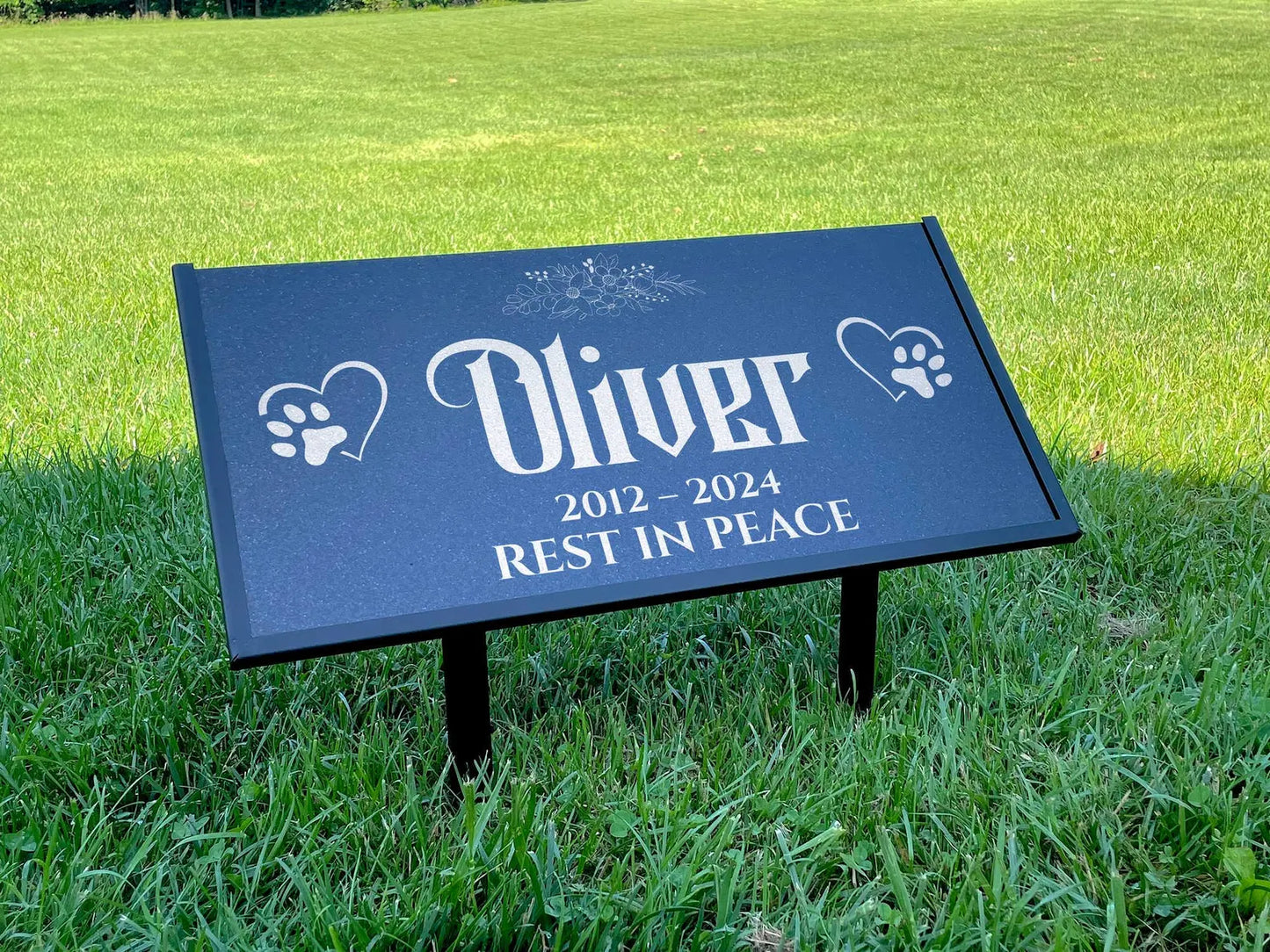 Custom Pet Memorial Stone – Black Granite Grave Marker for Dogs and Cats, 12x6 and 24x12 with Metal Stand