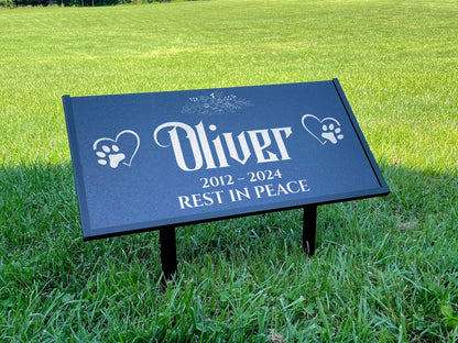 Custom Pet Memorial Stone – Black Granite Grave Marker for Dogs and Cats, 12x6 and 24x12 with Metal Stand