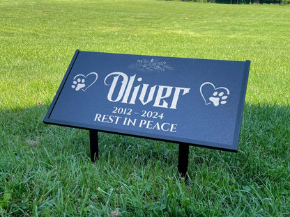 Custom Pet Memorial Stone – Black Granite Grave Marker for Dogs and Cats, 12x6 and 24x12 with Metal Stand