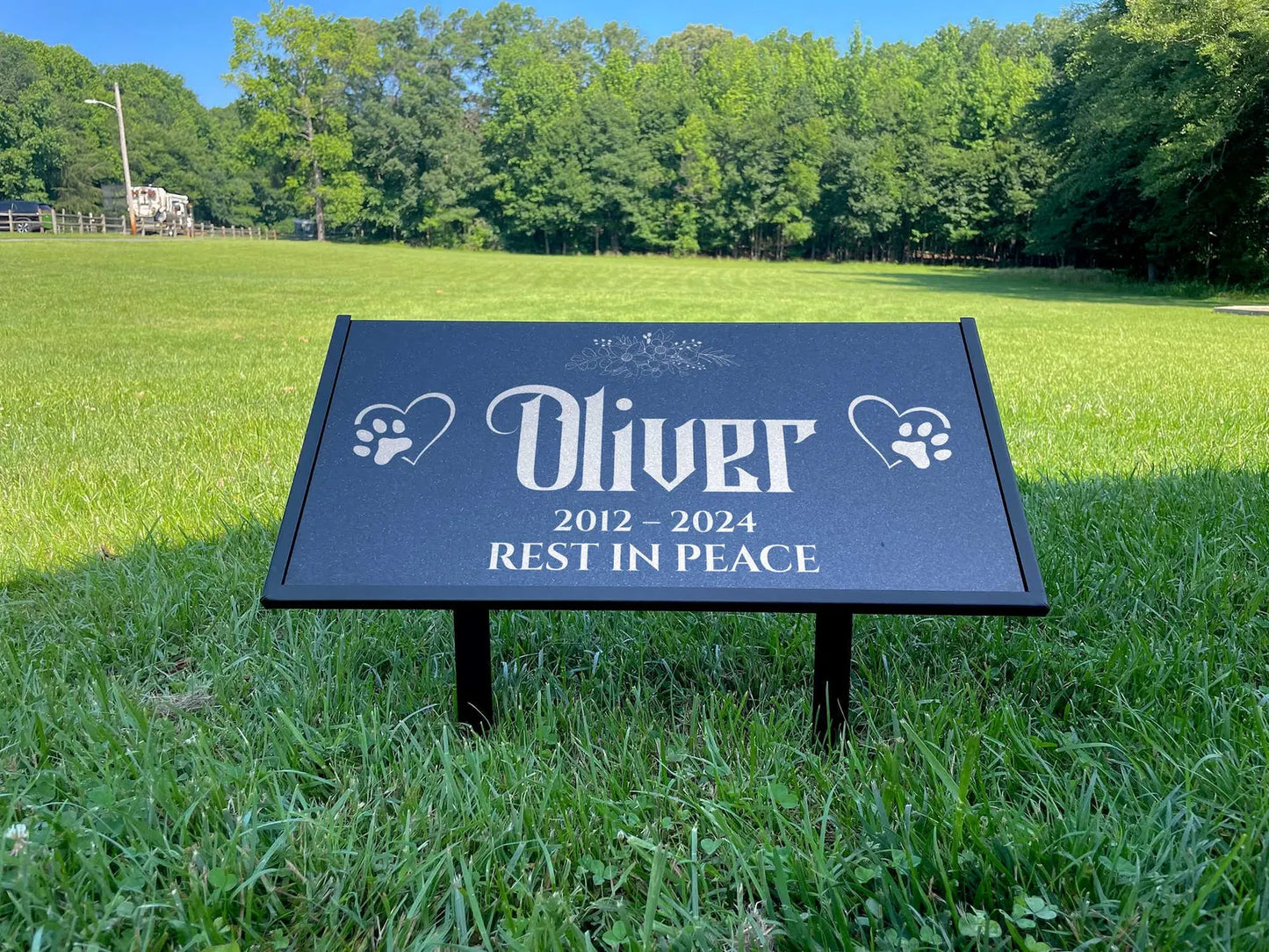 Custom Pet Memorial Stone – Black Granite Grave Marker for Dogs and Cats, 12x6 and 24x12 with Metal Stand